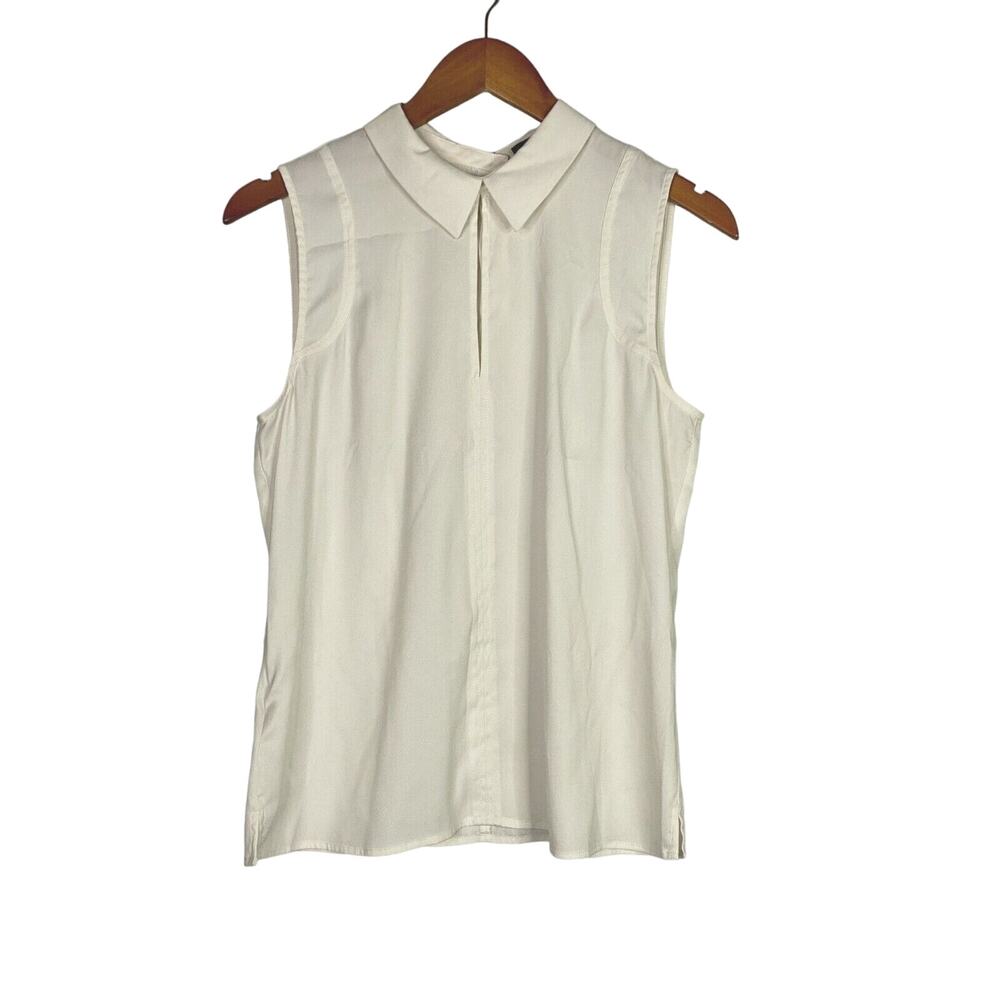 Ann Taylor Collar Button Sleeveless Blouse Slit Hem Back Buttons S Ivory Cream
